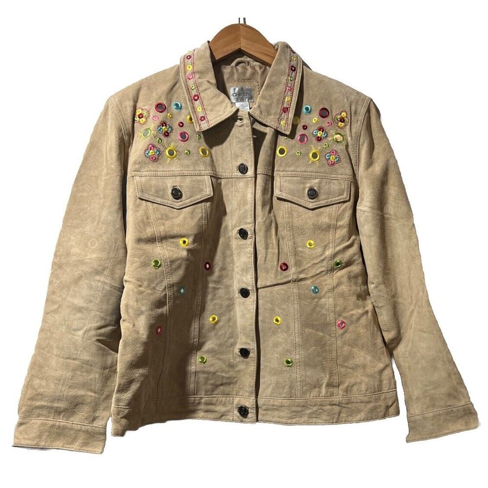 Chico’s 1 Medium Tan Suede Leather Jacket Embroidered Bling Jean Vtg cottage